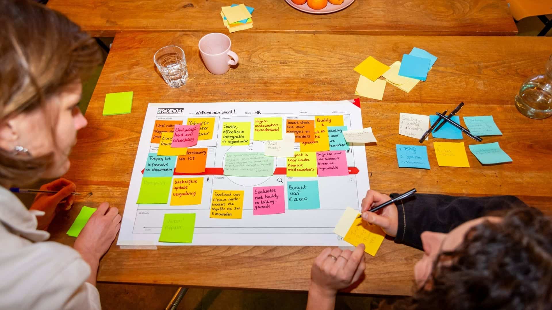 Twee projectmanagers werken aan een overzicht met post-its.